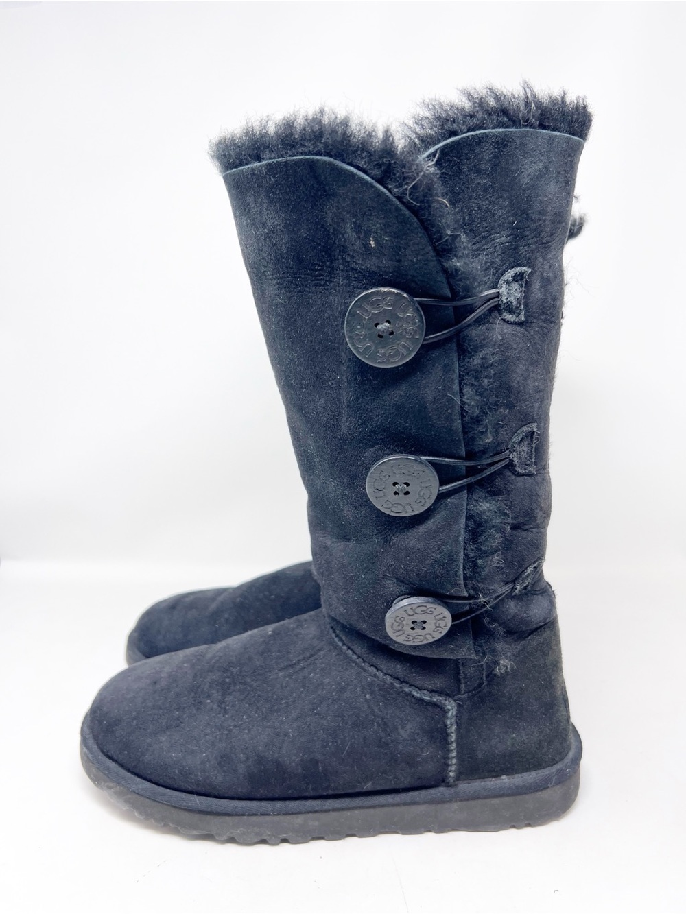 UGG BAILEY BLACK SUEDE SHEARLING LINED FOLDABLE BOOTS WITH 3 BUTTONS SZ 8